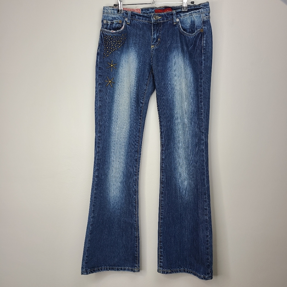 Colins Jeans Zoe 792 Rigid Low Rise Flare Gold Studs Distressed Size 4